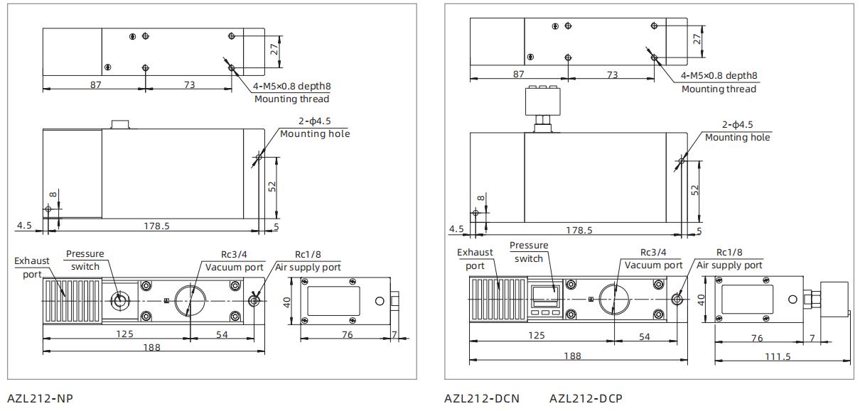 AZL Series Multistage Vacuum Generator Dimensions