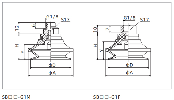 Dimensions Universal Bellows Suction Cup SB-G1F Dimensions Universal Bellows Suction Cup SB-G1F